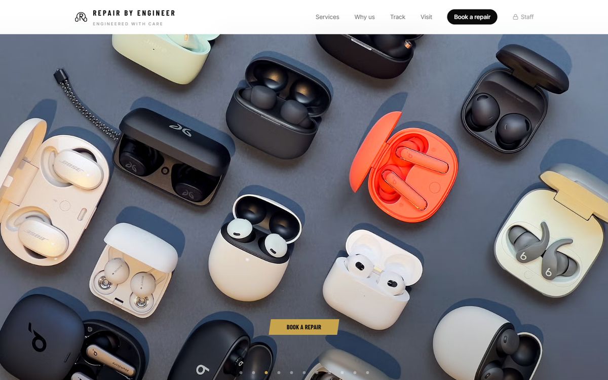 Home page of the Repair By Engineer website showing earbud cases and a Book a repair button